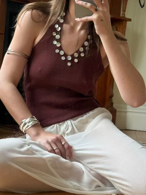 Button Detailed Ribbed Tank | Brown