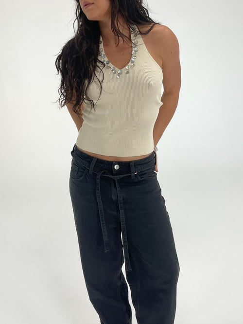 Button Detailed Ribbed Halter | Cream